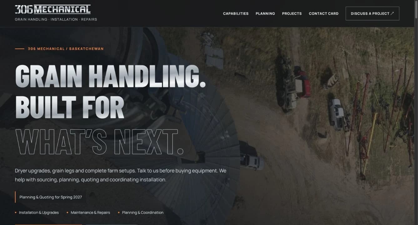 306 Mechanical’s website with grain-handling services and project photography